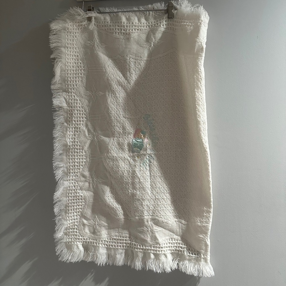 Embroidered Bless This Child Baby Blanket White Fringed Woven Religious